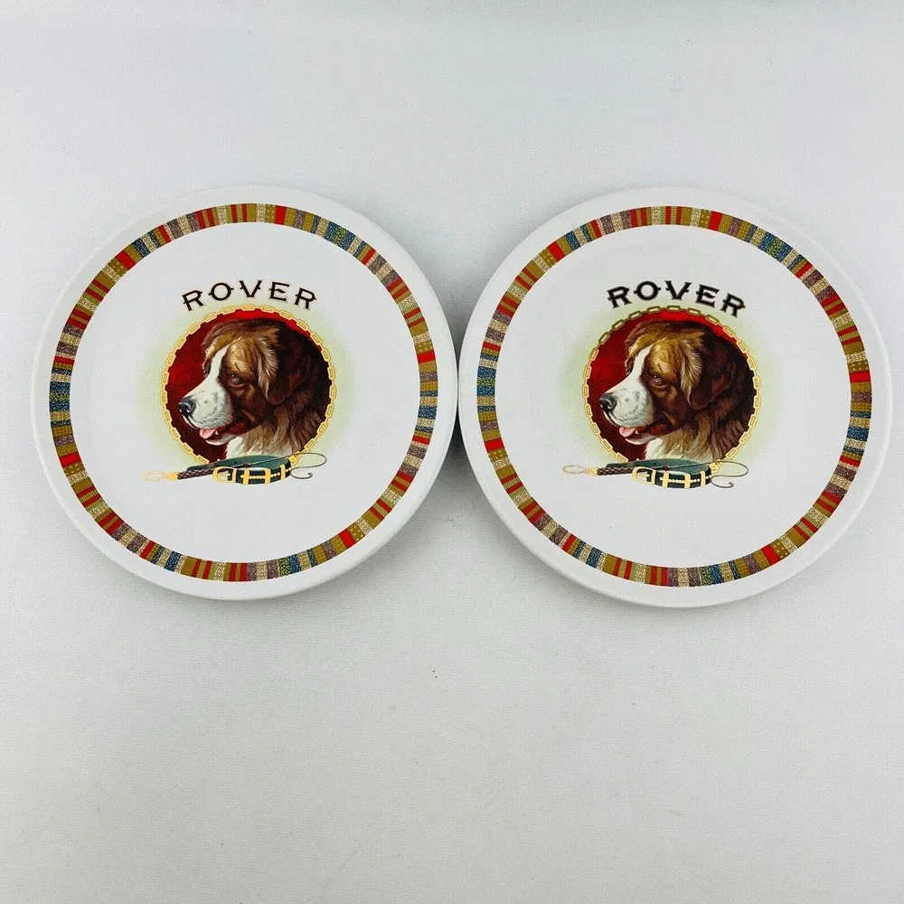 Pottery Barn Rover Fireside Club Salad Plate Lot of 2 Dog Multicolor Stripe Trim